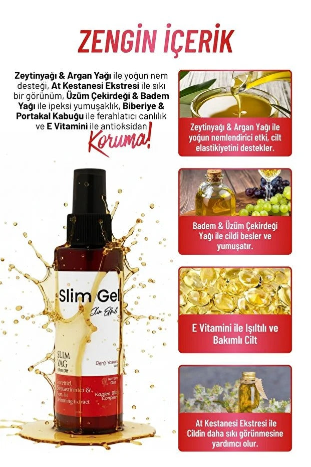 SLİM GEL Slim Oil – Bitkisel Yağ Karışımı ile Sıkılaştırıcı, Nemlendirici Pürüzsüzleştirici Vücut Bakım Yağı