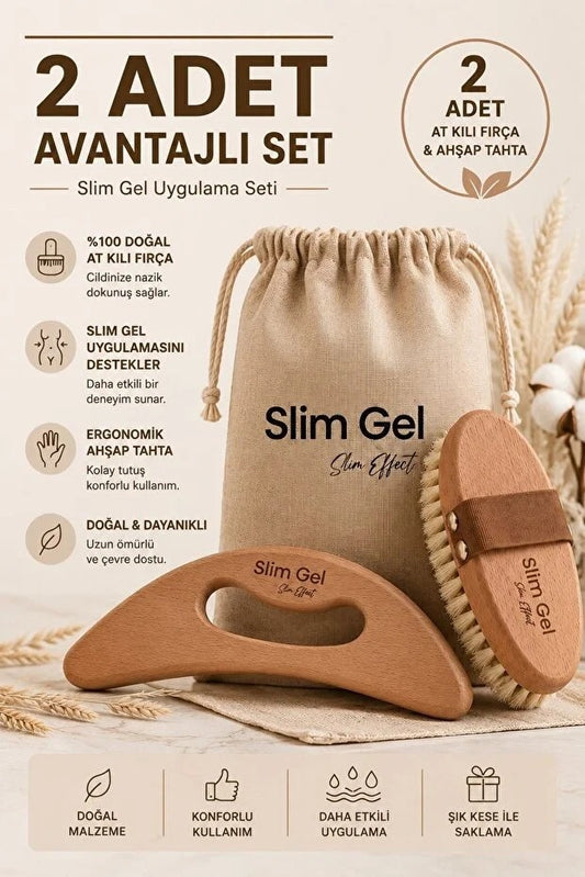 SLİM GEL %100 Doğal At Kılı Fırçası (Kese Hediye ) ve Ahşap Selülit Masaj Aleti 2' li Bakım Seti